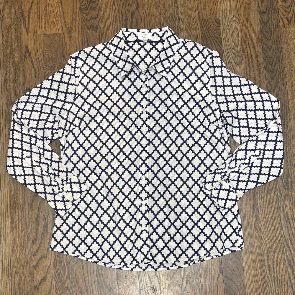 Navy and White Women’s Patterned Button-Up Shirt